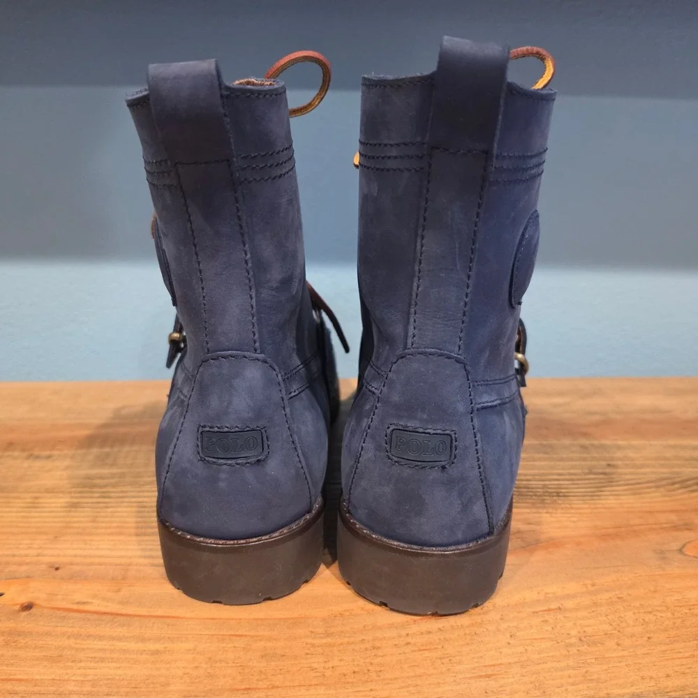 Polo Ralph Lauren Mens Ranger Boots Navy Blue Nubuck Leather Buckle Strap 9.5